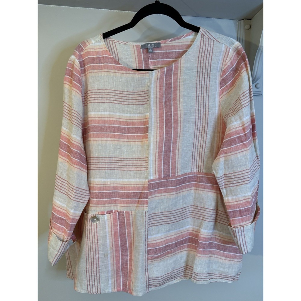 HABITAT Clothes To Live In Peach Striped Linen Top M Lagenlook Boxy